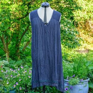 Ulla Popken Smocked Crepe Smoky Sea Blue Sleeveless midi dress